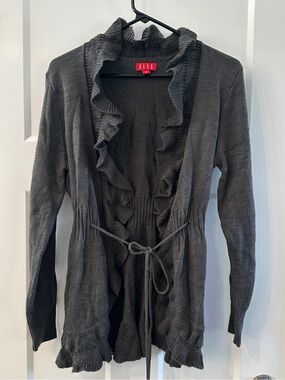 Elle women’s ruffled open front cardigan size large L gray